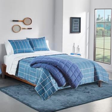 Imagem de Lacoste Conjunto de edredom xadrez Ashcombe – 100% cetim de algodão, enchimento alternativo, certificado Oeko-Tex, roupa de cama macia e sedosa com logotipo de crocodilo bordado – aquecimento para