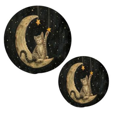Imagem de Blueangle 2 peças de suporte de panela de tripé gato na lua - conjunto de pegadores de panela de tecido redondo - almofadas quentes trançadas de algodão - porta-copos - tapetes de mesa para cozinhar e