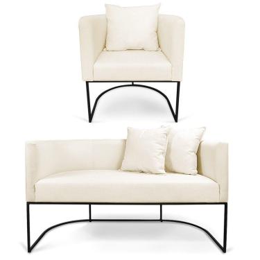 Imagem de Kit 01 Namoradeira 02 Lugares E 01 Poltrona Paola Linho Grosso Bege A19 Base Metálica Preto