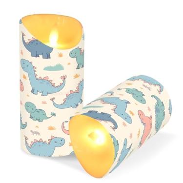 Imagem de Blueangle Pacote com 2 velas fofas de dinossauro sem chama com controle remoto e temporizador, velas de pilar cintilantes de LED (7,6 cm x 15 cm) para decoração de casa, casamento, acampamento (489)
