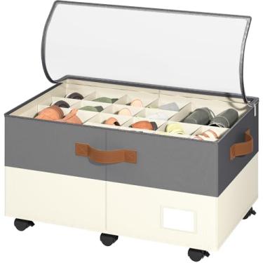 Imagem de Foyego Organizador de sapatos para armário, organizador de sapatos com rodas e divisórias ajustáveis, caixa empilhável de armazenamento de sapatos com capa transparente, organizador de sapatos para