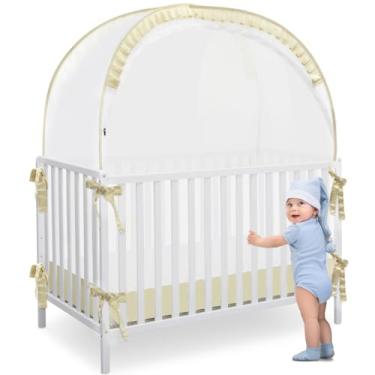 Imagem de L RUNNZER Capa de berço para evitar que o bebê suba, barraca de berço com moldura resistente, malha macia e rede respirável, barraca de berço à prova de insetos, bege