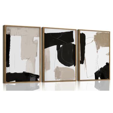 Imagem de KISSFOX Arte de parede emoldurada de 3 peças decoração de parede abstrata preto bege branco imagens modernas arte em tela neutra grandes pinturas nórdicas arte para sala de estar, quarto, escritório