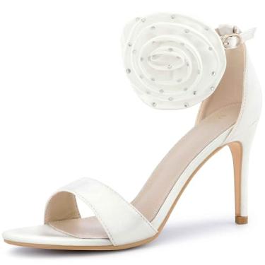 Imagem de Perphy Sandálias femininas de salto agulha de cetim com tira no tornozelo floral, Branco, 35