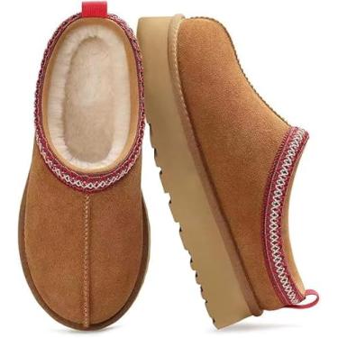 Imagem de UNPLWO Botas Femininas Plataforma, Bota Curta De Cano Curto Para Neve E Inverno, Pantufas Fofas, Quentes E Confortáveis, Antiderrapantes Para Ambientes Internos E Externos (Marrom, Adulto, Feminino,