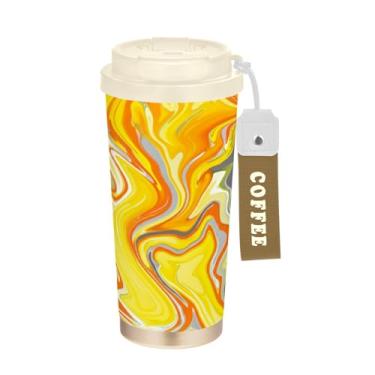 Imagem de Wassud Caneca de café de viagem isolada abstrata com espirais amarelos copo à prova de vazamento com tampa e canudo garrafa de água de aço inoxidável para café quente/gelo, chá e cerveja