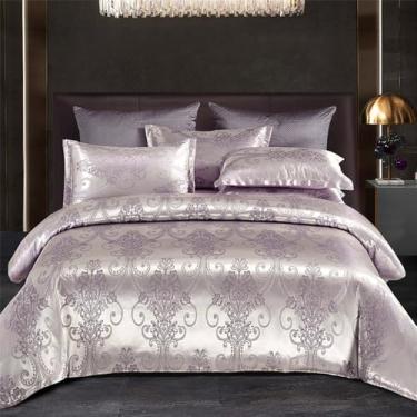 Imagem de Conjunto de cama de 4 peças em jacquard de cetim para tamanho king size, macio, durável, 220 x 240 cm, capa de edredom, fronha, roxo, 4 peças