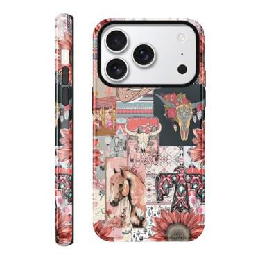 Imagem de Vulfwela Capa para iPhone 17 Pro de 6,3 polegadas retrô caubói cowgirl, capa de telefone 2 em 1 Wild West Country Cowgirl, chapéu protetor retrô à prova de choque, cavalos, cactos, colagem, rancho