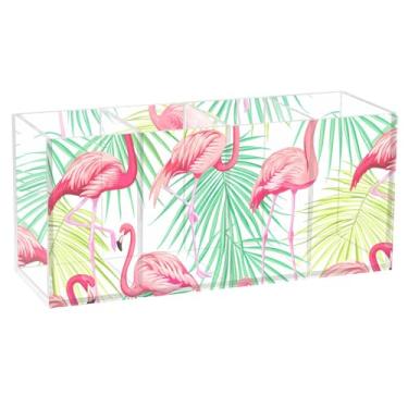 Imagem de Burbuja Porta-canetas de acrílico Flamingos Tropical Leaves 4 compartimentos, suporte de lápis transparente para pincel de maquiagem estacionário, acessórios de mesa de escritório em casa