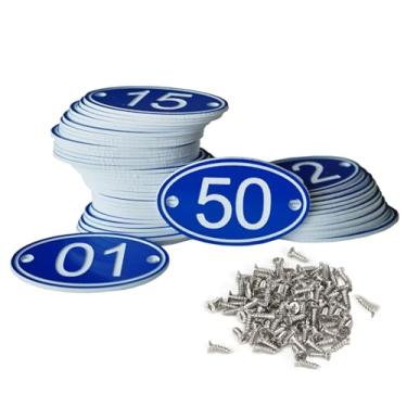 Imagem de NumRealm Números de mesa números de armário de armário, etiquetas de sinalização com números gravados em ABS oval - Azul 1 a 50