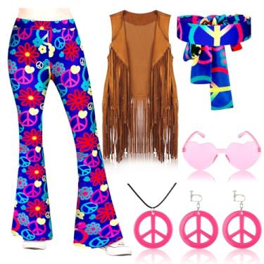 Imagem de Jenaai Conjunto de 7 peças de roupas hippie para meninas dos anos 60 e 70 anos 60, conjunto de acessórios, Conforme mostrado nas imagens, Hippie pant: S; Hippie fringe vest: S
