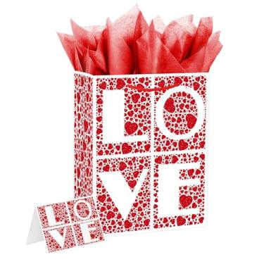 Imagem de Linelglobal Bolsa de presente branca com pequenos corações vermelhos vem com lenços, cartão, envelope, etiqueta e um adesivo fofo para reuniões, garty, presentes