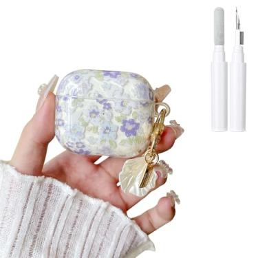 Imagem de Reownest Capa compatível com AirPods 4 com kit de limpeza, estampa floral fofa e design moderno com chaveiro, capa protetora de TPU macio à prova de choque para meninas e mulheres - roxo claro
