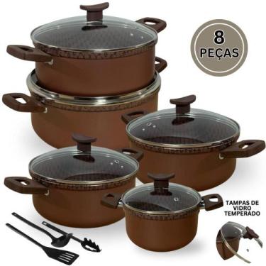 Imagem de Jogo de Panela Caçarola Antiaderente Alumínio Grosso Tampa de Vidro 8 