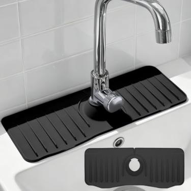 Imagem de Tapete de torneira de silicone de cozinha de 14,5 polegadas, alça de torneira, bandeja coletora de respingos, tapete de contador de água para pia e banheiro, preto