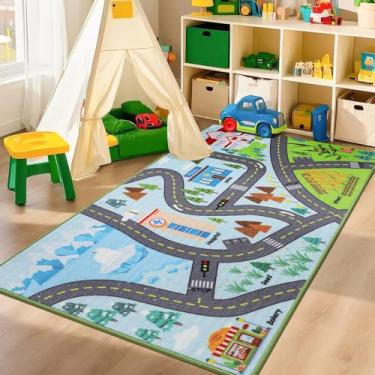 Imagem de BEQHAUSE Tapete infantil City Life, 81 cm x 152 cm, educativo, 2 peças, antiderrapante, lavável, tapete para brincar para quarto infantil, sala de jogos, berçário, decoração de quarto