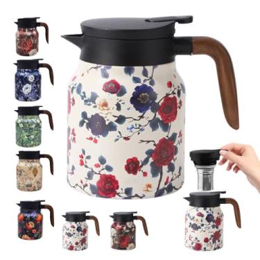 Imagem de Potes de chá com padrão floral vintage – infusor embutido, bule de chá floral vintage com infusor embutido, garrafa térmica de aço inoxidável com tampa para bebidas quentes, branco (cabo de madeira