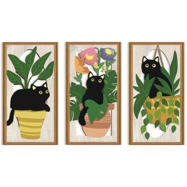 Imagem de Ausril 3 peças de decoração de parede de gato preto boho, arte de parede de madeira botânica abstrata decoração de gato boêmio decoração de arte moderna de meados do século para casa de fazenda