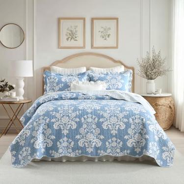 Imagem de LORRIARD Conjunto de colcha Queen de 3 peças, 100% algodão macio, estampa floral azul claro, reversível, leve, edredom azul Wist para todas as estações