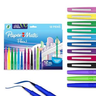 Imagem de Paper Mate Conjunto variado de canetas de feltro Flair, com ponta média e pincel duplo, sortidas, 12 unidades