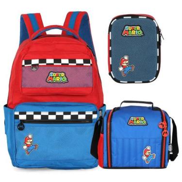 Imagem de Kit Mochila Escolar Lancheira E Estojo Bolsa Menino Mario - Luxcel, Az