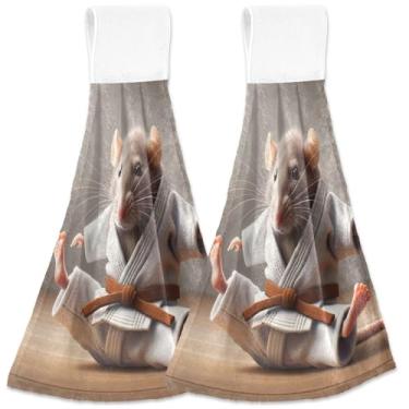 Imagem de TSENQUE Toalha de mão de outono com laço para pendurar rato karatê rato bonito toalhas de chá de forno conjunto de 2, toalhas de secagem de cozinha fofas absorventes, 46 x 35 centímetros