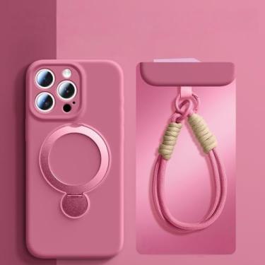 Imagem de Capa de celular com suporte de metal e alça de silicone líquido para iPhone 16, 15, 14, 13 Pro Max, capa magnética para carregamento sem fio, rosa, para iPhone 14