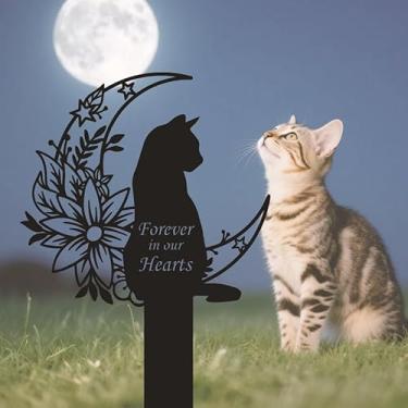 Imagem de HSECPTOW Marcador de túmulo de gato memorial ao ar livre, placa memorial de metal para animais de estimação de 30 cm com gato lua de jardim, lápide à prova de intempéries para quintal ou homenagem