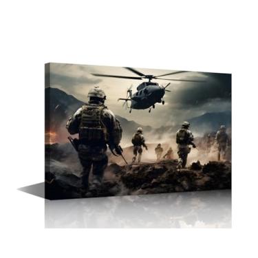 Imagem de TUMOVO Arte de parede Engajamento tático Arte em tela militar representando soldados em campo de batalha urbano de alto risco com suporte de helicóptero Declaração de decoração de casa moderna pronta