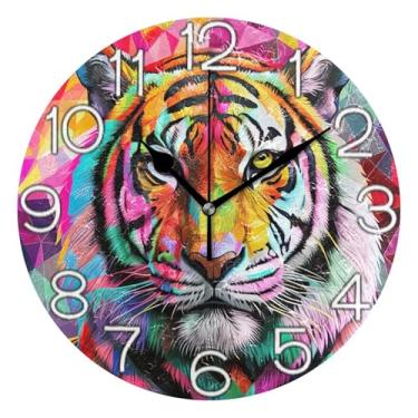 Imagem de Relógio de parede decorativo analógico estético silencioso sem tique-taque relógio de sala de aula, sala de estar, decoração de parede moderna, colorido tigre arco-íris, 25 cm, ponteiros dourados