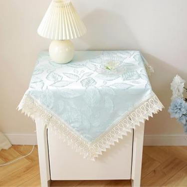 Imagem de Toalha de mesa de cabeceira quadrada pequena bordada floral capa de mesa de cabeceira de pano rústico toalha de mesa lateral de fazenda com acabamento de renda para quarto, cômoda, festa, cozinha