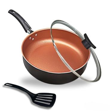 Imagem de Frigideira Alta Funda 18 cm Antiaderente Teflon Tampa de Vidro e Espátula Nylon Cor Preto e Cobre