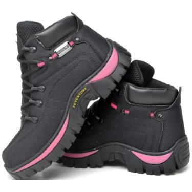 Imagem de Adventure Bota Coturno Feminina em Lona Reforçada, Preto com Rosa, Cano Médio, Antiderrapante, Para Trilhas e Uso Casual, Solado Borracha, 33-44