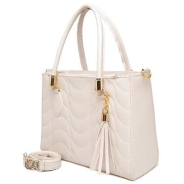 Imagem de Bolsa de Mão Feminina, Couro Branco, Alça Transversal Removível, Detalhes em Metal Dourado (MARFIM)