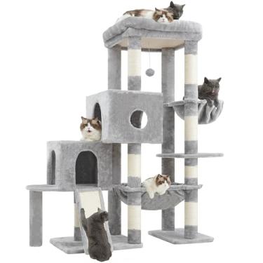 Imagem de Hey-brother Torre de árvore para gatos, postes arranhadores com plataforma grande, 2 condomínios, rede espaçosa, cesta aconchegante, placa de sisal para adultos grandes, casa de escalada progressiva