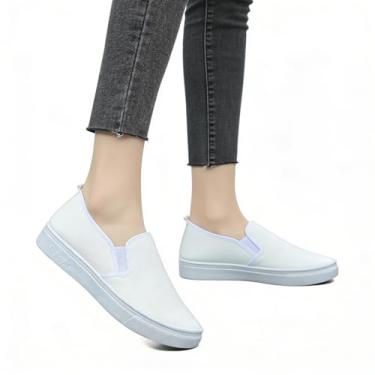 Imagem de Sapatos rasos casuais femininos – Tênis sem cadarço sem cadarço, cabedal de couro confortável para enfermeiros, uso diário casual e turnos longos, calçados leves de corte baixo, Branco, 36