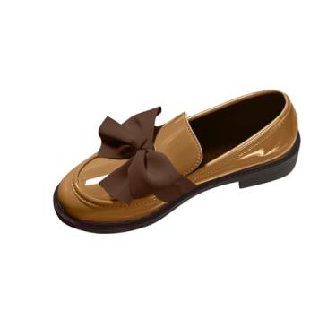 Imagem de Mocassins femininos casuais de couro estilo primavera moda casual cor sólida laço de um pé salto grosso salto baixo, Caqui, 38