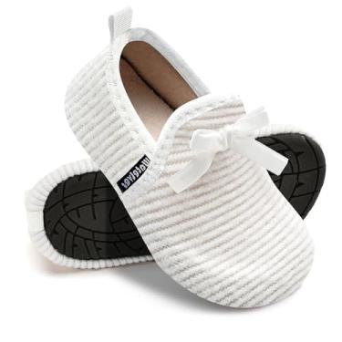 Imagem de WateLves Pantufas infantis para meninas e meninos, sapatos para casa, leves, antiderrapantes, para inverno, ambientes internos e externos, sapatos de caminhada, Laço branco, 19-21