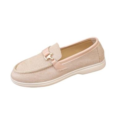 Imagem de Sapatos rasos modernos com corrente de metal para mulheres, design sem cadarço, plus size estilo primavera verão mocassins modernos, tecido flocado casual, Caqui, 39