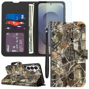 Imagem de Qindaiwen Capa carteira para Samsung Galaxy S26 com protetor de tela, suporte para cartão com bloqueio de RFID, capa protetora à prova de choque, ramos de camuflagem