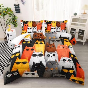 Imagem de AILONEN Conjunto de edredom de gato com óculos de sol engraçados para crianças, adolescentes, tamanho solteiro, gatinho fofo, conjunto de edredom com 2 fronhas, 3 peças, microfibra macia