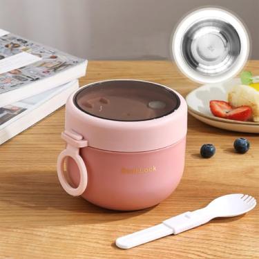 Imagem de Pote de comida multifuncional com trava de vedação – Recipiente portátil para almoço com colher dobrável, tampa de vedação e capa à prova de poeira para refeições em movimento (rosa)