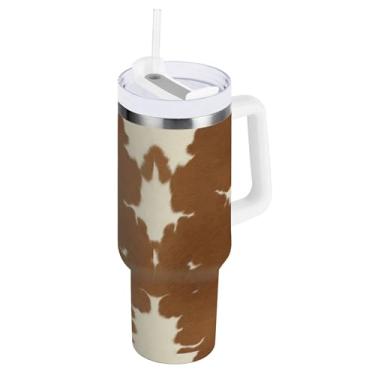 Imagem de SEHANY Copo de vaca marrom e branco de 850 g com alça, copo isolado de aço inoxidável a vácuo de parede dupla, à prova de vazamento, caneca de café isolada para viagem cabe no suporte de copo de carro
