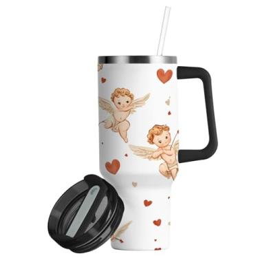 Imagem de ATTX Copo de Dia dos Namorados de 850 g com alça, copo de aço inoxidável a vácuo de parede dupla com palha, caneca de café de viagem isolada #228