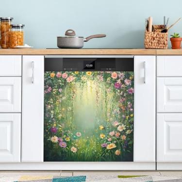 Imagem de SEHANY Capa magnética colorida com flores de jardim Monet para máquina de lavar louça, adesivos magnéticos decorativos antiarranhões para painel de geladeira e lava-louças, decoração de flores de