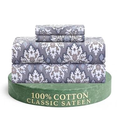 Imagem de Feather & Stitch Conjunto de lençóis 300TC King Size 100% algodão cetim estampado, conjunto de lençóis de cama refrescantes e respiráveis, 4 peças de 40,6 cm bolsos profundos elásticos, qualidade