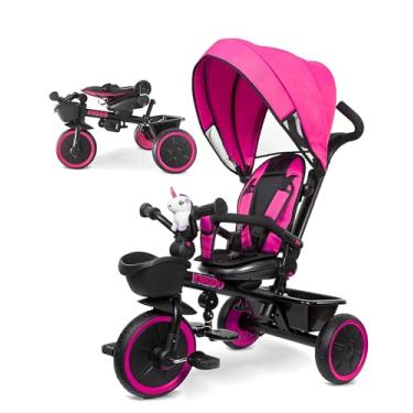 Imagem de KRIDDO Carrinho De Triciclo 7 Em 1 Para Crianças De 18 Meses A 5 Anos, Alça Ajustável, Assento Giratório, Porta-Copos E Capota Retrátil, Triciclo Dobrável Para Bebê Com Guarda-Corpo Removível, Apoio P