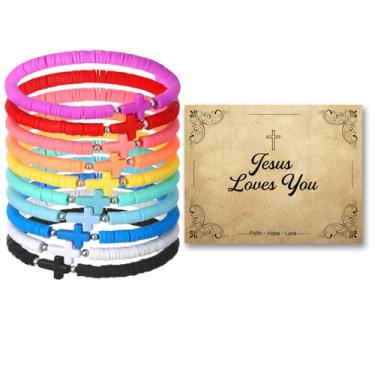 Imagem de Landical 30 Set Cross Bracelets Bulk Jesus Christian Bracelets with Blessing Card Handmade Elastic Colorful Polymer Clay Beaded Religious Christian Wristbands for Women Kids Easter Hunt Gift(Rainbow)