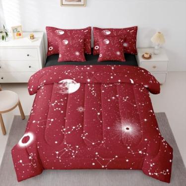 Imagem de Erosebridal Jogo de edredom tamanho king galáxia vermelha, estampa de estrelas, 7 peças, universo, estrelas, planeta, decoração de quarto