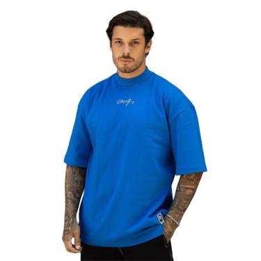 Imagem de Camiseta Oversized Gola Alta Aplique Assinatura Streetwear Confortavel Masculina Azul-Masculino